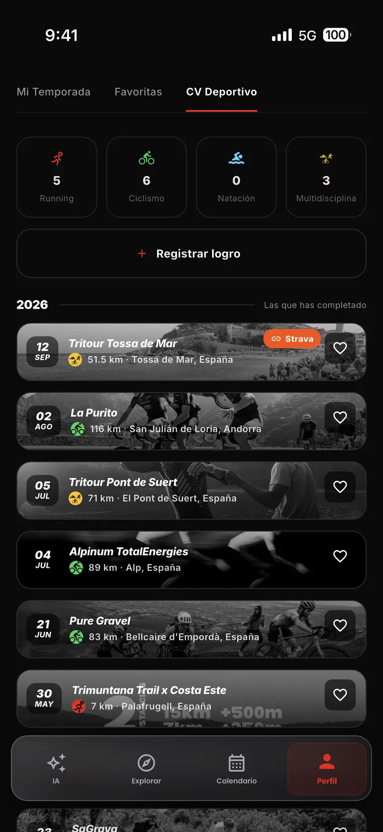 CV deportivo en la app: totales por deporte y carreras completadas