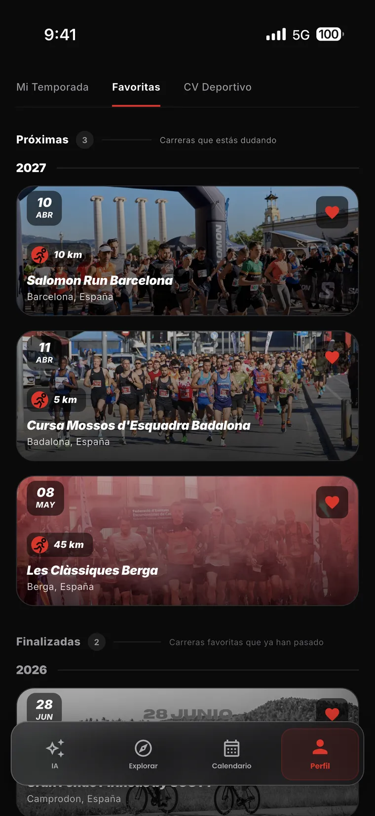 Favoritas en la app: carreras marcadas con corazón